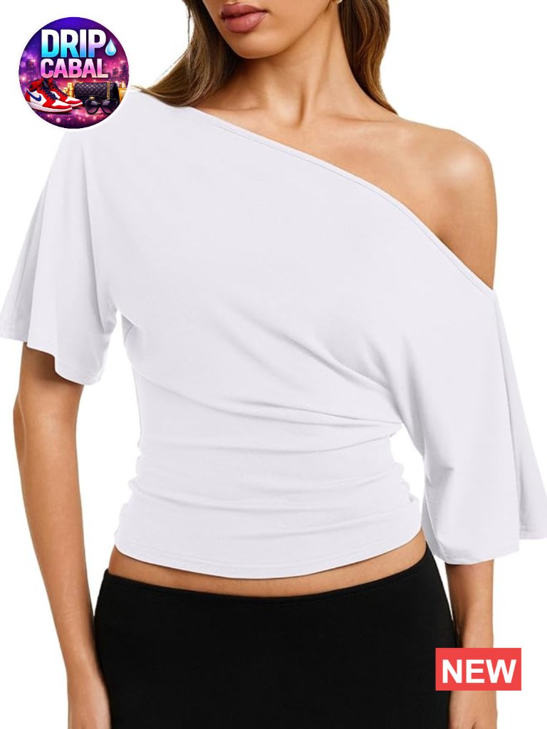 Womens Cinched Waist Off Shoulder Tee Short Sleeve Loose Summer Tops